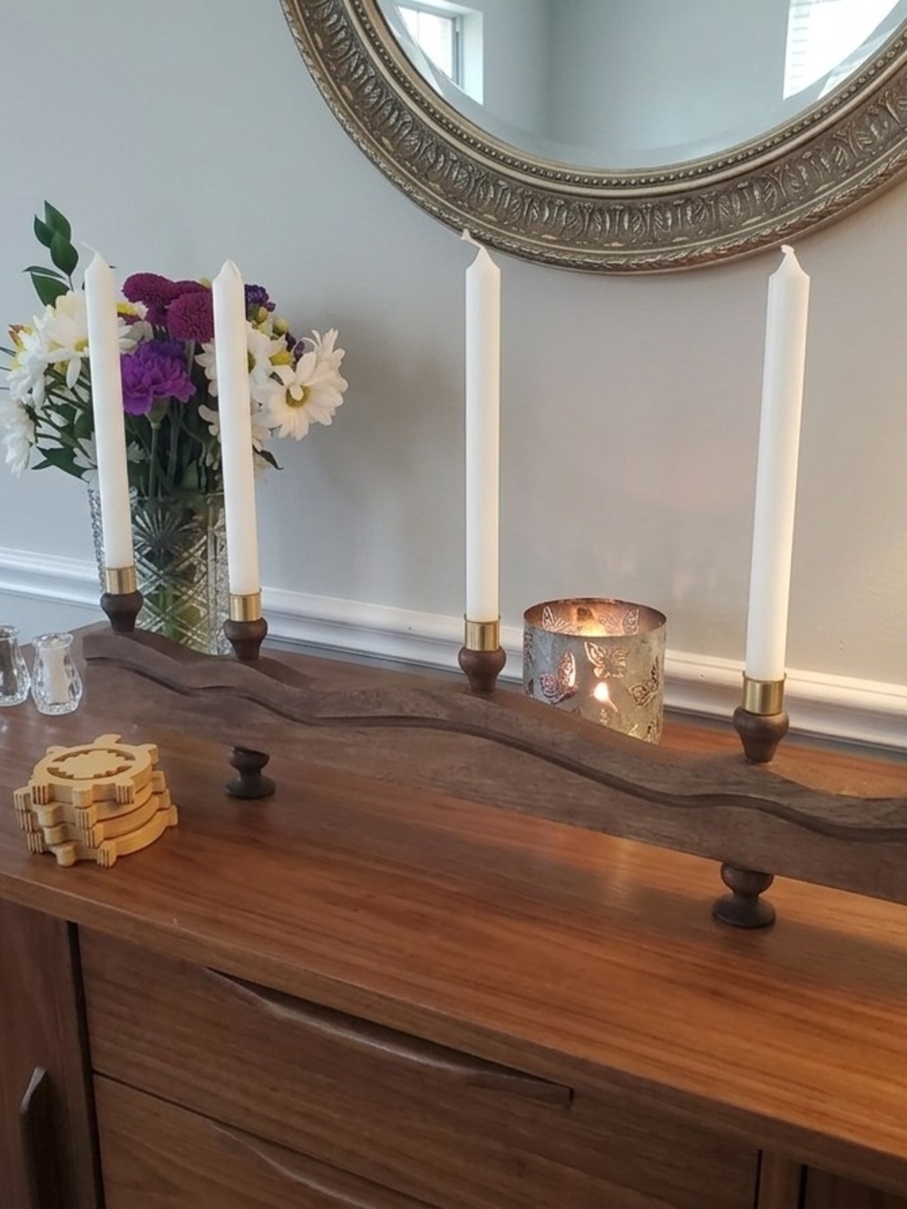 Wooden Taper Candle Holder Centerpiece - Brown